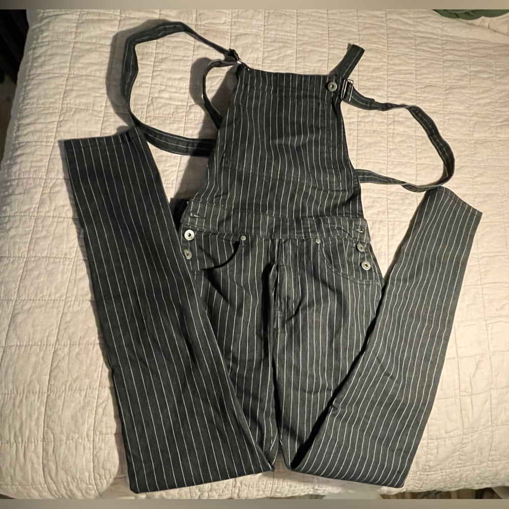 Black pinstripe overalls